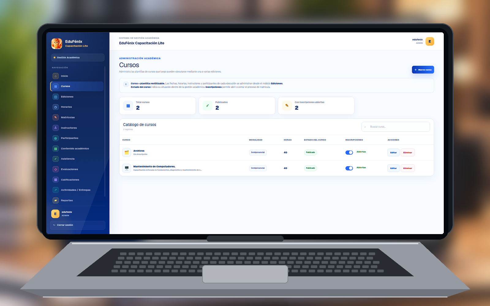 Módulo de cursos de EduFénix Capacitación Lite