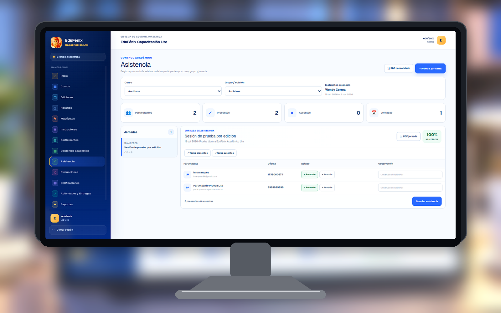 Módulo de asistencia de EduFénix Capacitación Lite