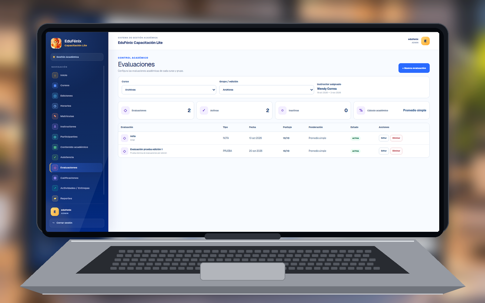 Módulo de evaluaciones de EduFénix Capacitación Lite