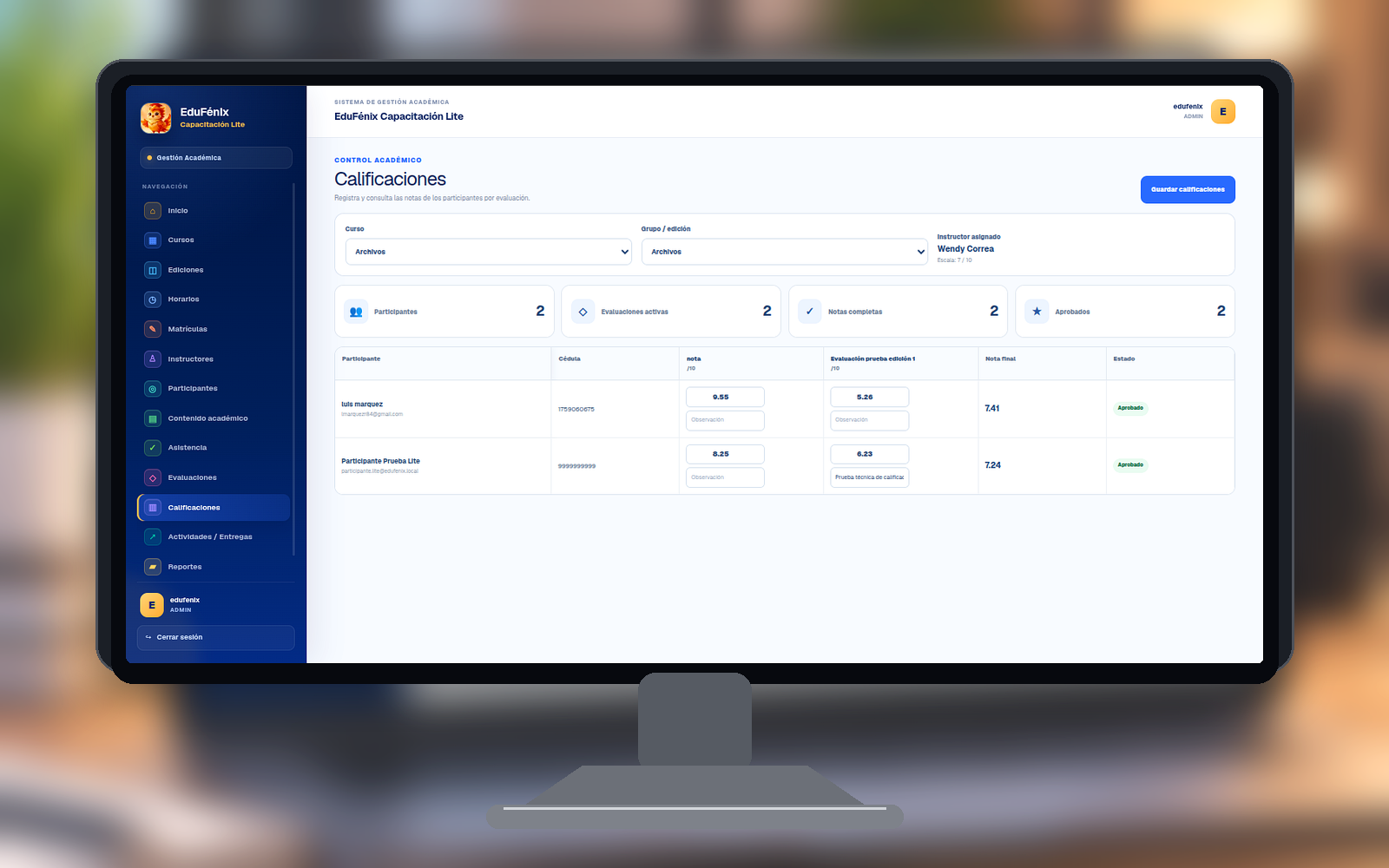 Módulo de calificaciones de EduFénix Capacitación Lite